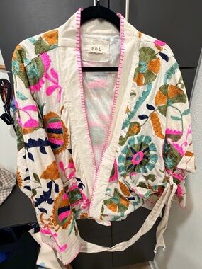 POL Floral Embroidered Cotton Wrap Jacket in White with Pink & Teal Accents
